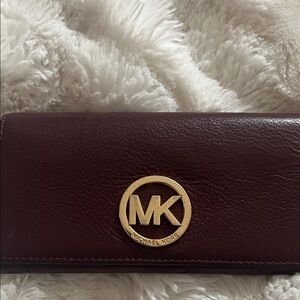 Michael Kors Burgundy/Wine Leather Long Wallet ,card holder with Gold MK Emblem